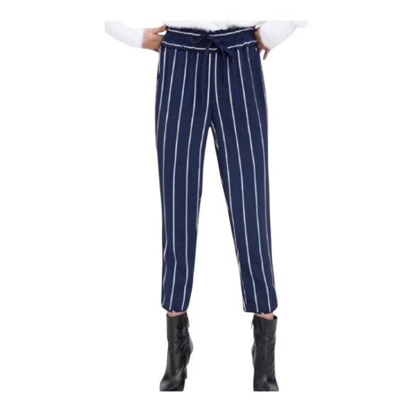 Zara Striped High Rise Tapered Leg Cropped Pants in Navy Blue & White Women's S - Picture 2 of 8